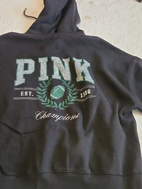 PINK Victoria's Secret Black Hoodie with Green & White Graphic